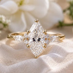 Marquise Engagement Ring | Vintage Style Marquise Cut Moissanite Ring with Cluster Side Stones | 14K Yellow Gold Bridal Promise Ring