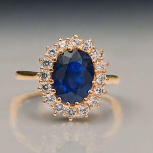 Blue Sapphire Engagement Ring Oval Cut Halo Sapphire Ring Sterling Silver Ring Solid Gold Ring Designer Ring September Birthstone Ring