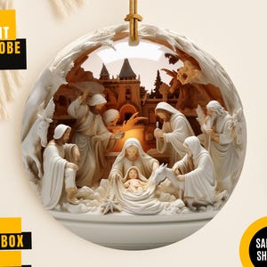 Nativity Christmas Ceramic Ornament, Christian Christmas Keepsake, The Greatest Gift of All Ornament, 3DEffect Flat Ornament not Glass Globe