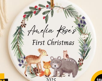Woodland Animal Christmas Ornament for baby, My First Christmas Ornament, Personalized Baby Ornament, Newborn Keepsake, Baby Gift