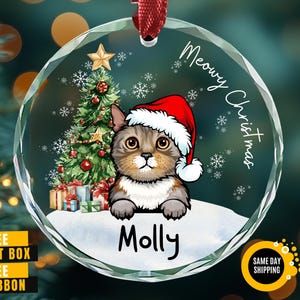 May include: A clear, round Christmas ornament with a cat wearing a Santa hat. The ornament features a Christmas tree, snowflakes, and the text "Meowy Christmas" and the name "Molly".