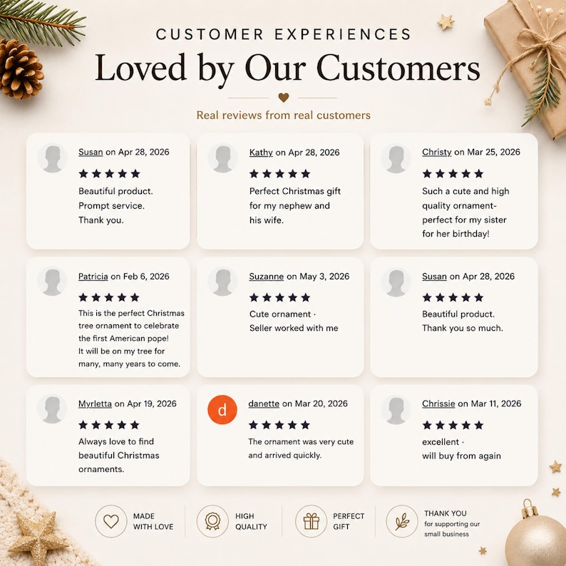 May include: A graphic showcasing customer reviews with the headline "Loved by Our Customers." The reviews are displayed in individual boxes, each with a customer's name, date, and a 5-star rating. The image includes text such as "Made with Love" and "Perfect Gift."