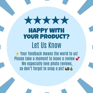 May include: A light blue graphic with the text "HAPPY WITH YOUR PRODUCT? Let Us Know" and five blue stars. The text encourages customers to leave a review and includes icons of a camera and a Christmas tree.