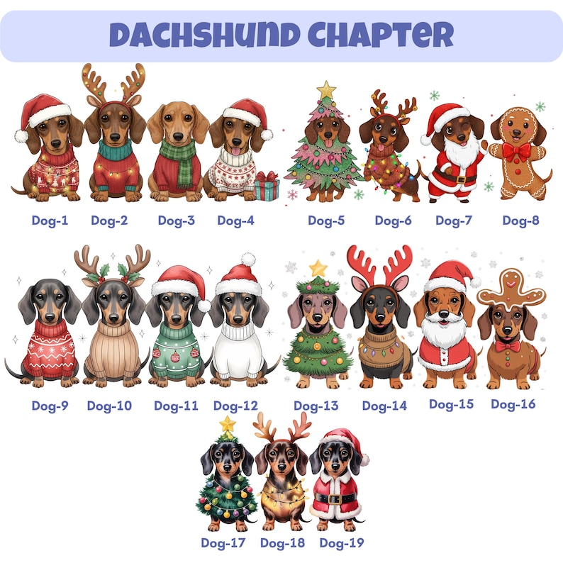 May include: A digital illustration titled DACHSHUND CHAPTER featuring nineteen individual dachshund dogs in various Christmas-themed outfits, including Santa hats, reindeer antlers, sweaters, and costumes resembling Christmas trees and gingerbread men.