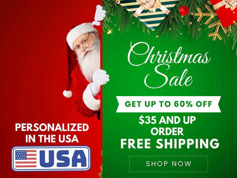 "Christmas Sale," "Get up to 60% off," and "Personalized in the USA."