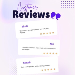 May include: A graphic with the words "Customer Reviews" in dark purple script and text. Three customer reviews are displayed in white boxes with star ratings. The background is a gradient of purple and white.