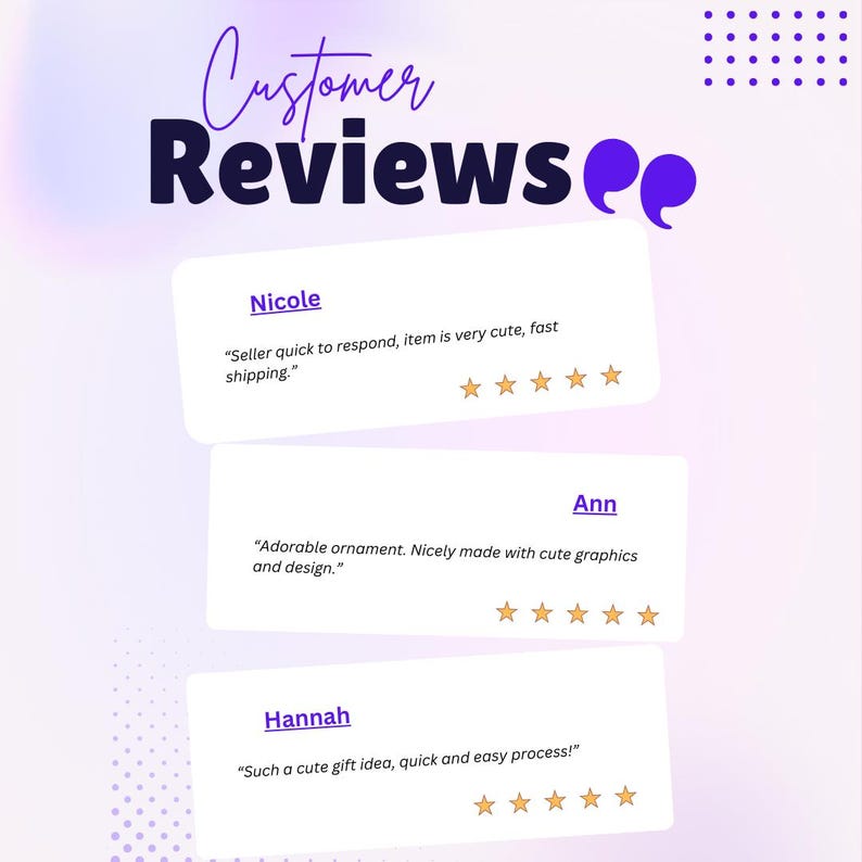 May include: A graphic with the words "Customer Reviews" in dark purple script and text. Three customer reviews are displayed in white boxes with star ratings. The background is a gradient of purple and white.