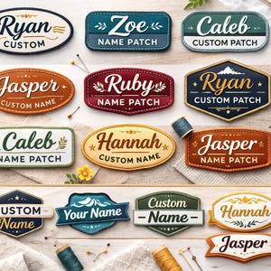 May include: A selection of custom name patches in diverse shapes and colours. The patches display names such as "Ryan," "Zoe," "Caleb," "Jasper," "Ruby," and "Hannah." Designs include oval, rectangular, and shield shapes with decorative elements and text.