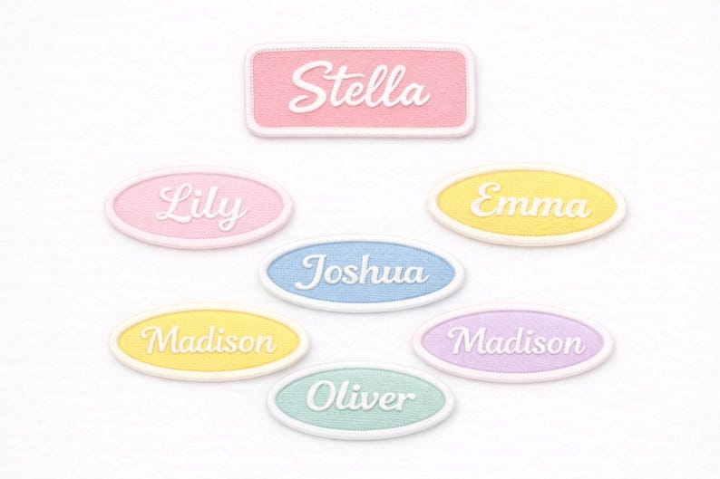 Pu&ograve; includere: Una collezione di toppe ricamate con nomi in vari colori pastello. I nomi "Stella", "Lily", "Emma", "Joshua", "Madison" e "Oliver" sono visualizzati in corsivo. Ogni toppa ha un bordo bianco.