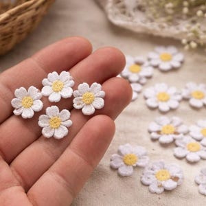 Pode incluir: Close-up de enfeites de flores de margarida brancas com centros amarelos. Várias margaridas estão espalhadas em uma superfície clara, com algumas sendo seguradas em uma mão. Uma cesta de vime está ao fundo.