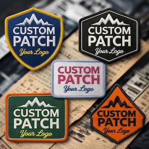 Op de afbeelding: Een assortiment van aangepaste patches in verschillende vormen en kleuren. Elke patch toont de tekst "CUSTOM PATCH" en "Your Logo" met een bergmotief. Patches zijn onder andere blauw, zwart, wit, groen en oranje.