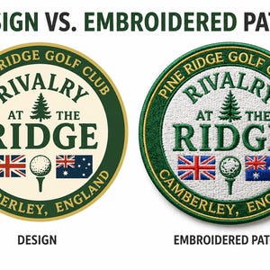 May include: Image comparing a design and an embroidered patch. Both are circular with a green and gold border, featuring text "Pine Ridge Golf Club", "Rivalry at the Ridge", and flags. The design is on the left, the embroidered patch on the right.