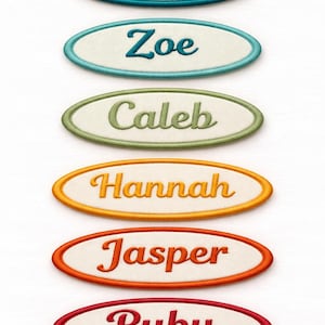 May include: Six embroidered name patches in an oval shape. Each patch features a different name: Ryan, Zoe, Caleb, Hannah, Jasper, and Ruby. The names are in a cursive font, with each name having a different colour border.