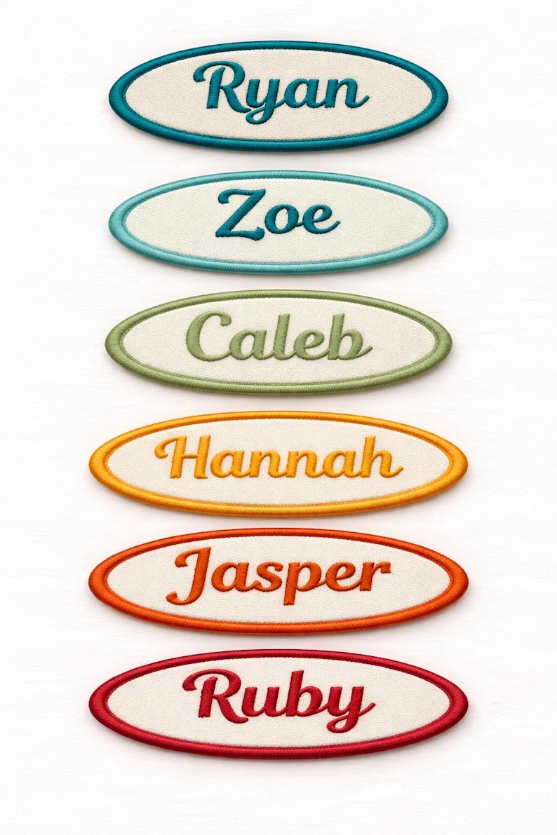 K&ouml;nnte beinhalten: Sechs ovale, gestickte Namensschilder. Jedes Schild zeigt einen anderen Namen: Ryan, Zoe, Caleb, Hannah, Jasper und Ruby. Die Aufn&auml;her haben einen wei&szlig;en Hintergrund mit farbigen R&auml;ndern und Schriftz&uuml;gen.