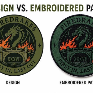 May include: Two circular patches with a dragon design, one printed and the other embroidered. The patches are olive green and black, with a dragon breathing fire over a bridge. Text includes "FIREDRAKES" and "FIRST IN, LAST OUT".