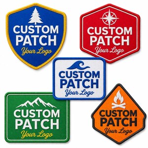 May include: Five embroidered custom patches in different shapes and colours. Each patch features the text "CUSTOM PATCH" and "Your Logo". Designs include a tree, compass, wave, mountains, and campfire.