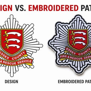 May include: Image comparing a design and an embroidered patch. The design is a line drawing of a badge with a red shield and three swords. The embroidered patch is a detailed version of the design, with the text "ESSEX COUNTY FIRE & RESCUE SERVICE".