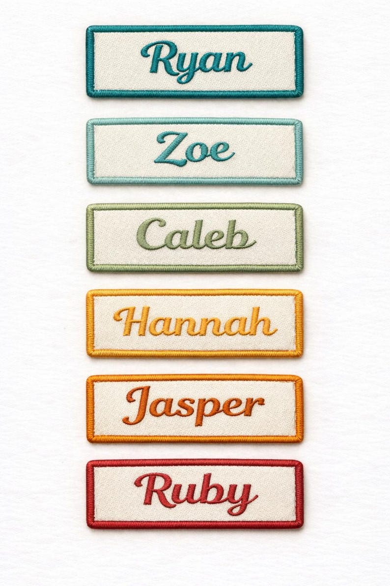 K&ouml;nnte beinhalten: Vertikal angeordnete, gestickte Namensschilder. Jedes Schild zeigt einen anderen Namen: Ryan, Zoe, Caleb, Hannah, Jasper und Ruby. Die Namen sind in einer Schreibschrift gehalten, wobei jeder Name eine andere Farbe hat.