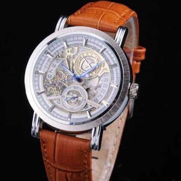 Vintage Skeletal Mechanical Chronograph Stainless Steel Genuine Leather Wrist Watch