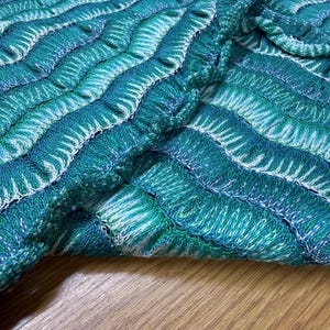 Może przedstawiać: Zbliżenie dzianiny w odcieniach turkusu, turkusu i bieli. Tkanina ma teksturowany, falisty wzór z falistą krawędzią. Dzianina jest złożona, ukazując fakturę i wariacje kolorystyczne.