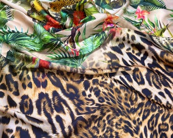 Luxury Tropical Leopard Print Italian Satin Fabric for Clothing-Blouses-Skirts-Scarves(59"/150 cm)