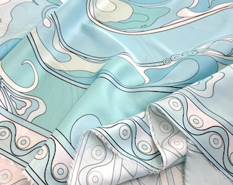Turquoise Blue Retro Satin Italian Fabric-Vintage Abstract-Sewing-Dresses-Blouses(59"/150 cm)