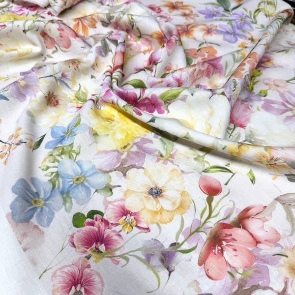 Colorful Floral Italian Linen Fabric for Shirts-Blouses-Skirts-Home Décor Textile(150 cm/59" Wide)