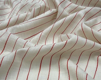 Ecru and Red Striped Linen Cotton Blend Fabric-Summer Apparel-Shirts- Sewing-Home Decor(150 cm / 59”)