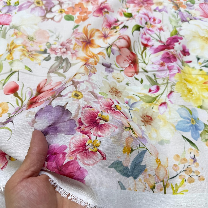 Pink Floral Border Linen Blend Fabric-Intense Ombre Gradient Hem Design-Shirts-Blouses-Skirts(150 cm/59") image 7