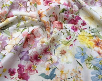 Tissu rose à bordure florale en lin mélangé - Ourlet dégradé intense ombré-Chemises-chemisiers-jupes (150 cm/59")