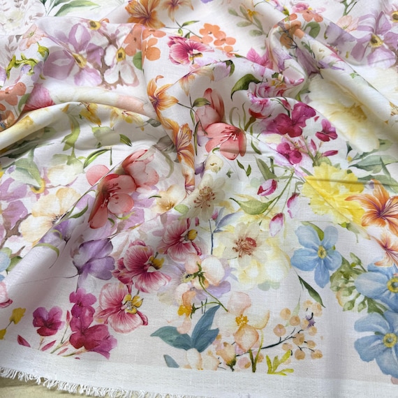 Pink Floral Border Linen Blend Fabric-Intense Ombre Gradient Hem Design-Shirts-Blouses-Skirts(150 cm/59")