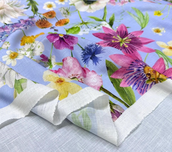 Blue Pink Floral Border Linen Blend Fabric-Intense Ombre Gradient Hem Design-Shirts-Blouses-Skirts(150 cm/59")