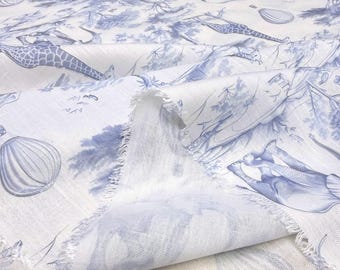 Bleu Safari Tissu italien lin mélangé-Éléphant Girafe Animal de la jungle robe-chemisier-couture (150 cm/59")