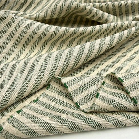 Natural Soft Draped Green Striped Linen Cotton Blend Fabric-Summer Apparel-Home Decor(150 cm / 59”)