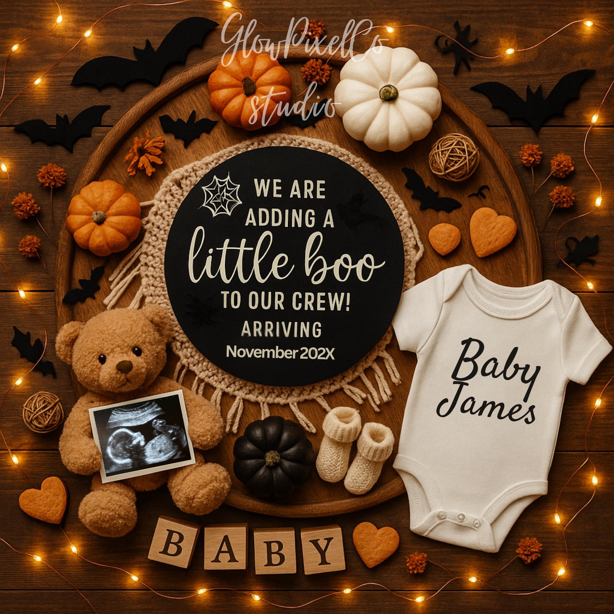 Halloween Little Boo Digital Pregnancy Announcement, Baby Reveal Editable Template, October Gender Neutral Spooky Season Printable
