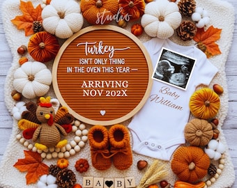 Thanksgiving Pregnancy Announcement Template | Turkey Baby Reveal | Fall Digital Editable Canva Design |  Autumn Gender Reveal Download