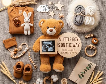 Anuncio de embarazo: ¡Un niño viene en camino! Plantilla editable de Canva. Ecografía para revelar el bebé. Anuncio digital moderno para redes sociales.