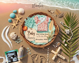 Beach Pregnancy Announcement, Editable Canva Template, Baby Reveal, Ocean Summer Ultrasound Social Media, Coastal Neutral Digital Download