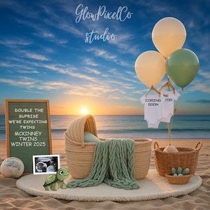 Anuncio de embarazo en Twins Beach: Revelación de bebé con temática náutica (Descarga digital, plantilla editable de Canva)