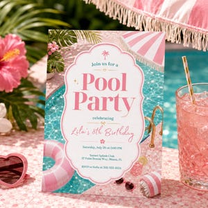 Peut inclure: Une carte d'invitation rectangulaire avec une bordure blanche festonnée présentant le texte Join us for a Pool Party celebrating Lila's 8th Birthday, Saturday, July 20 at 2:00 PM, Sunset Splash Club, 27 Palm Breeze Way, Miami, FL, RSVP to Sofia at 205-555-0124.