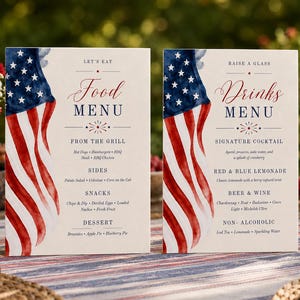 May include: Two rectangular menu cards featuring a watercolor American flag design on the left side. The left card is titled Food Menu with sections for From the Grill, Sides, Snacks, and Dessert. The right card is titled Drinks Menu.