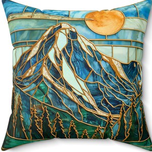 Faux Suede Square Pillow Mountain Stained Glass Look Decorative Cushion, Nature Inspired Throw Pillow Cozy Country Living Room Art Accent