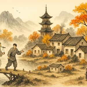 Op de afbeelding: Aquarel schilderij van een Aziatische dorpsscène. Twee figuren steken een houten brug over, met een mand. Een pagode en huizen liggen genesteld tussen bomen met oranje en gele bladeren. Bergen en een meer completeren het landschap.