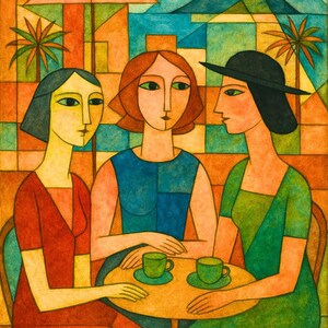 May include: An abstract painting depicts three women seated at a table, enjoying coffee. The artwork features a vibrant color palette of red, blue, and green, with a geometric style. Palm trees and mountains are visible in the background.