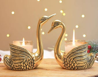 Handmade Aluminium Pair of Swans for Good Luck and Love, Candle Holder for Home Decor, Showpiece for Gifting Anniversary, Navratri Pooja