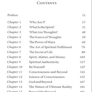 May include: A book's contents page titled "Vol-3" with a list of chapters and page numbers. The chapters cover topics like "Who Am I?", "What Is the Spirit?", and "The Secret of Life". The text is in black font on a cream-colored background.