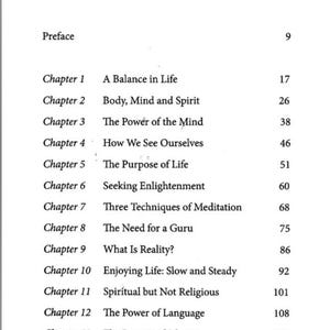 May include: A book's contents page titled "Vol-I CONTENTS" with a list of chapters. Chapter titles include "A Balance in Life," "Body, Mind and Spirit," and "The Power of the Mind." The page numbers are visible.