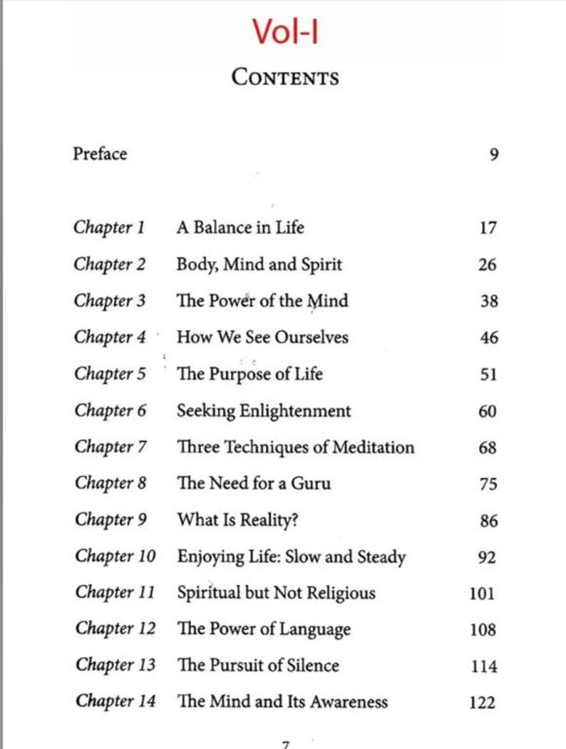 May include: A book's contents page titled "Vol-I CONTENTS" with a list of chapters. Chapter titles include "A Balance in Life," "Body, Mind and Spirit," and "The Power of the Mind." The page numbers are visible.