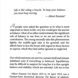 May include: A page from a book titled "Vol-I, Chapter 1: A Balance in Life." The text includes a quote by Albert Einstein about balance and life, along with a discussion on the importance of balance in the universe and human life.