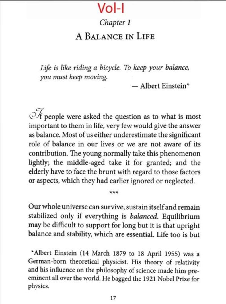 May include: A page from a book titled "Vol-I, Chapter 1: A Balance in Life." The text includes a quote by Albert Einstein about balance and life, along with a discussion on the importance of balance in the universe and human life.